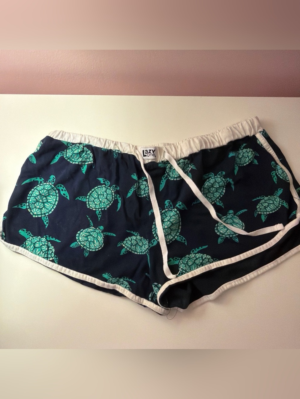 Lazy One Navy Shorts with Teal Turtle Motif
